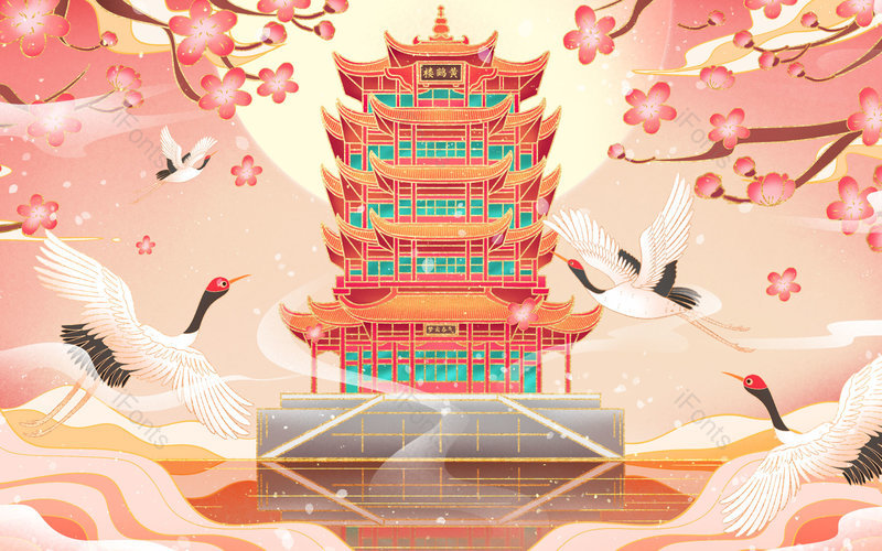 中国风国潮手绘黄鹤楼建筑景点背景设计,插画/手绘图,插画/手绘图库,插画/手绘图下载,插画/手绘